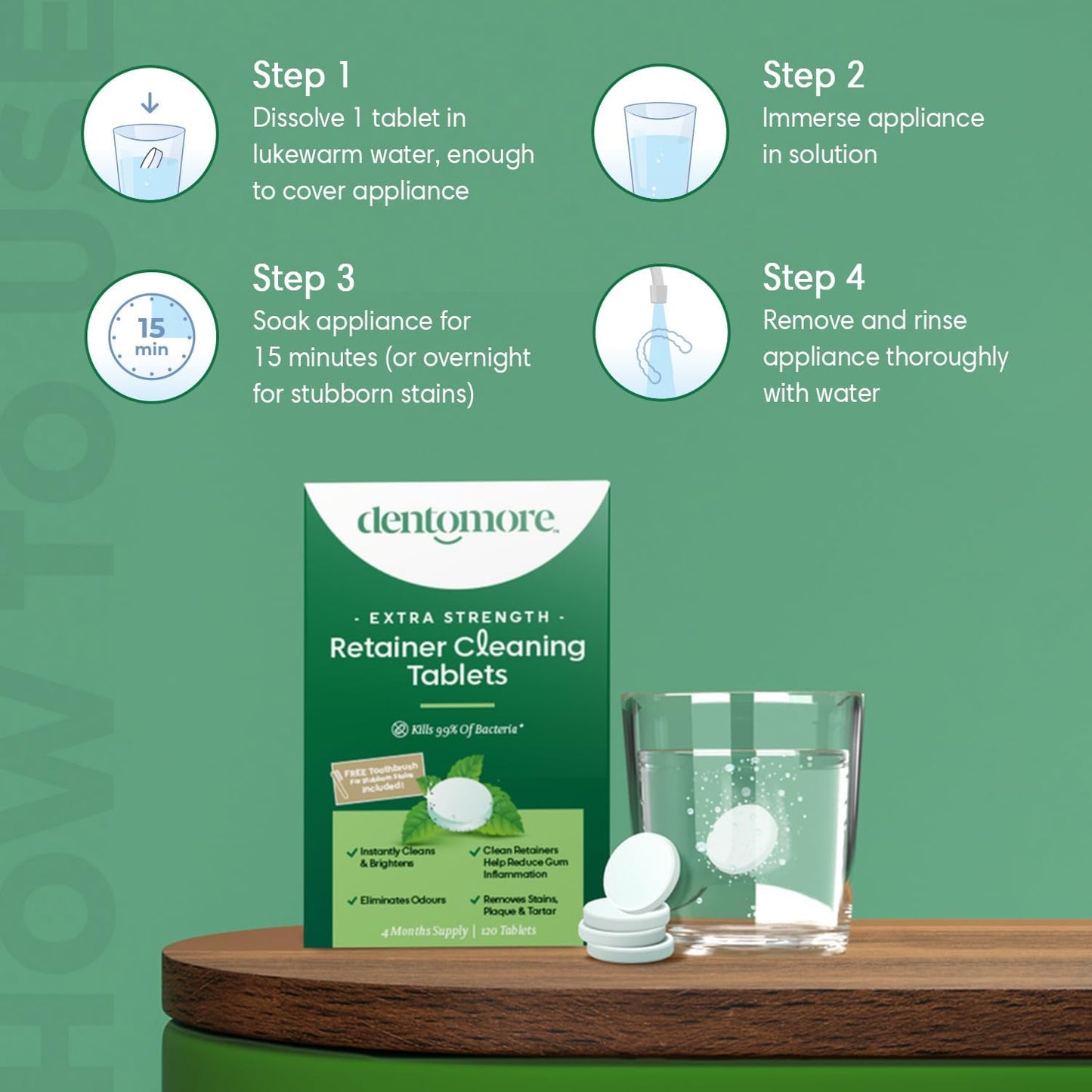 Retainer Cleaning Tablets - 4 Months supply - 120 tabs- Bonus Special Toothbrush included