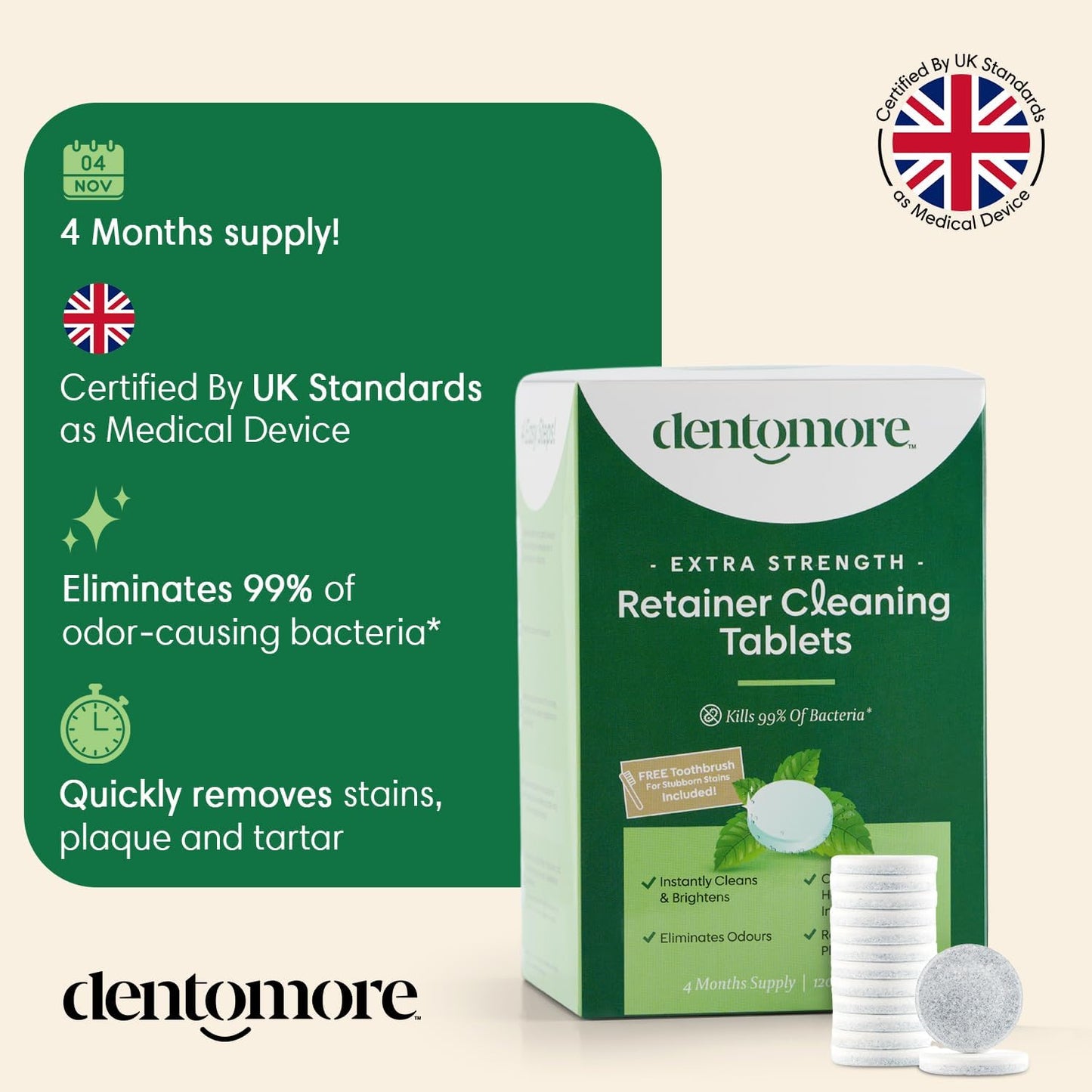 Retainer Cleaning Tablets - 4 Months supply - 120 tabs- Bonus Special Toothbrush included