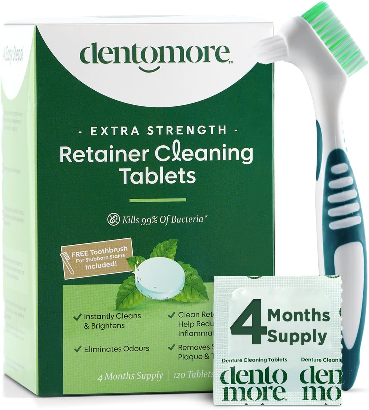 Retainer Cleaning Tablets - 4 Months supply - 120 tabs- Bonus Special Toothbrush included