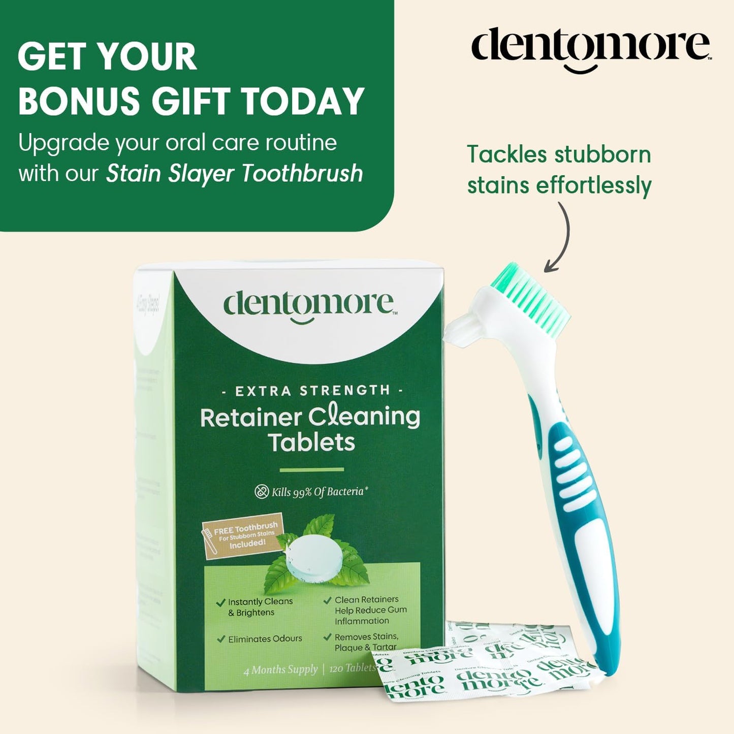 Retainer Cleaning Tablets - 4 Months supply - 120 tabs- Bonus Special Toothbrush included